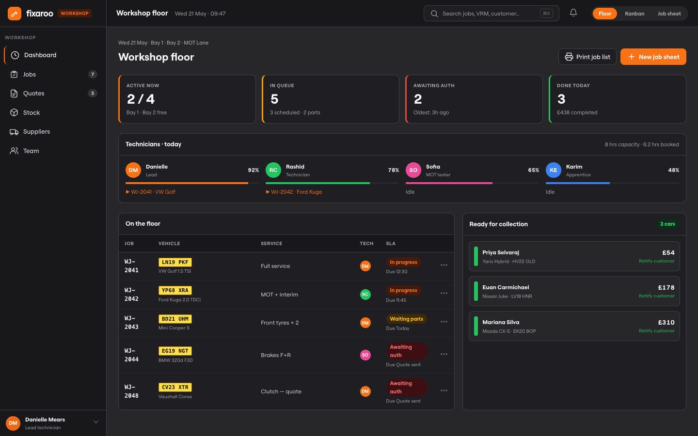 Fixaroo Workshop — live shop floor view of every active jobsheet