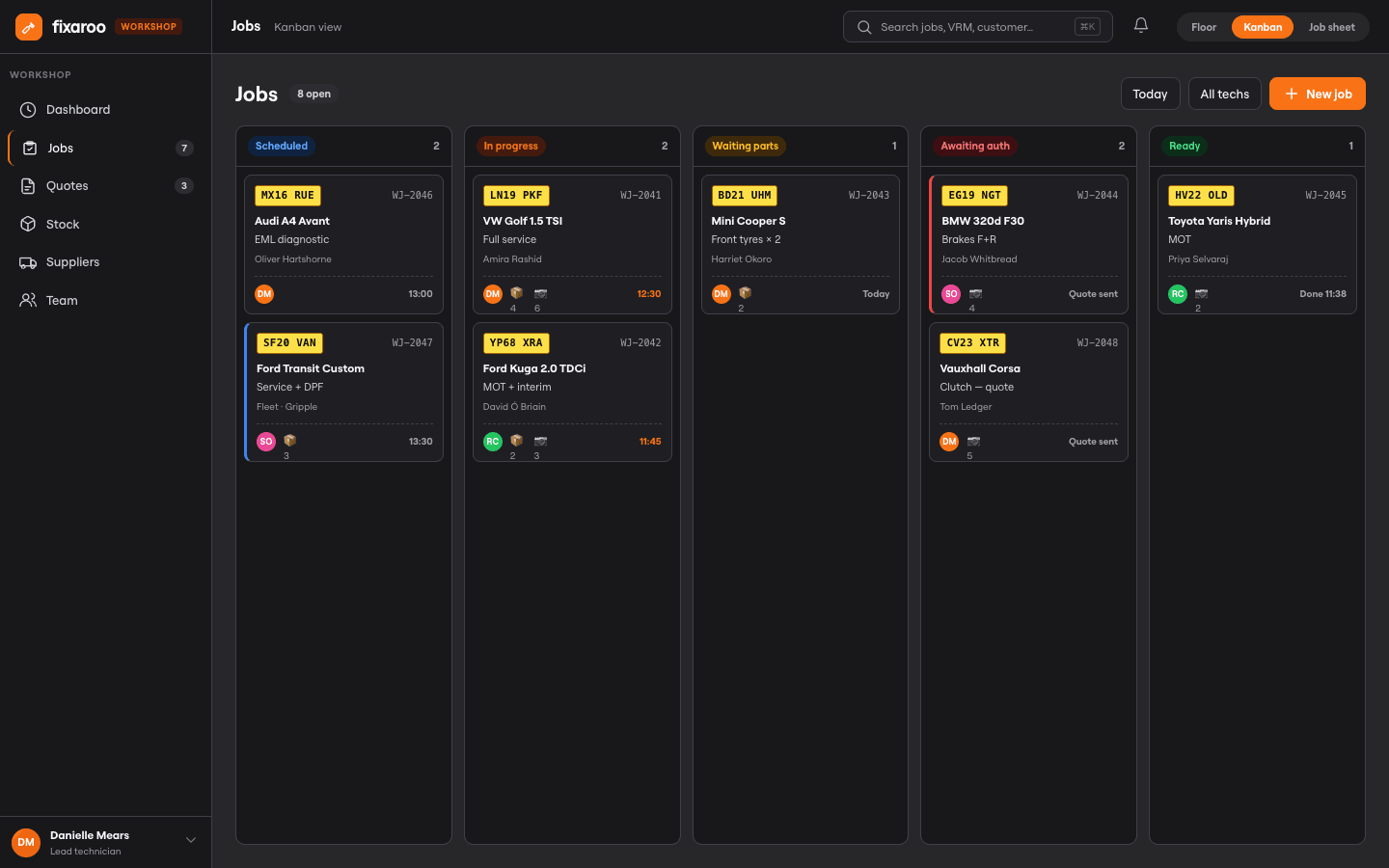 Workshop kanban board — drag jobs across awaiting, in progress and ready